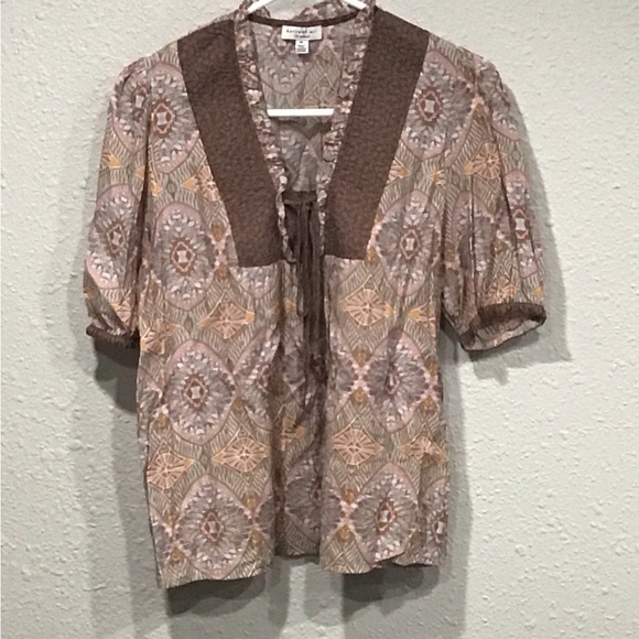 Current Air Anthropologie Quilt Contrast Motif Short Sleeve Top Deep Mauve Sz M - Picture 2 of 6